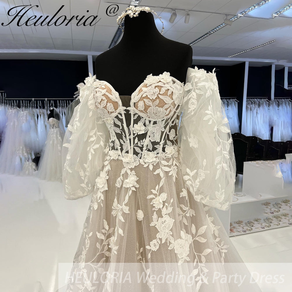 HEULORIA Sparkly Glitter A line Wedding Gowns Off Shoulder lace Bride Dresses puffy sleeve Robe De Soiree De Mariage AL-935 Secondary image