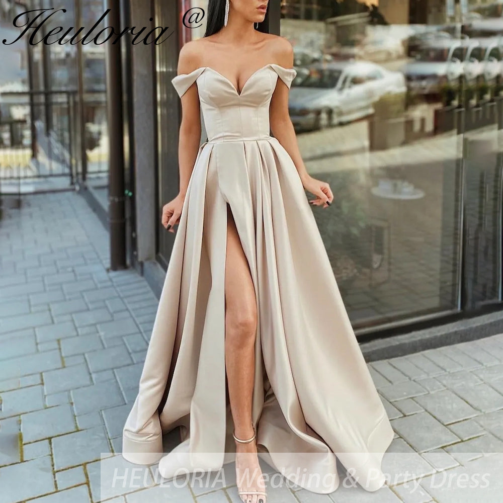 Off Shoulder Satin Prom Dresses Long Sexy High Slit Evening Gowns Elegant High Waist Prom Dress Robe De Soiree
