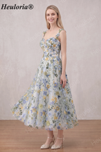 HEULORIA Whimsical Floral Embroidered Tea-Length A-Line Dress with Illusion V-Neck and Corset Back ED-669 tea