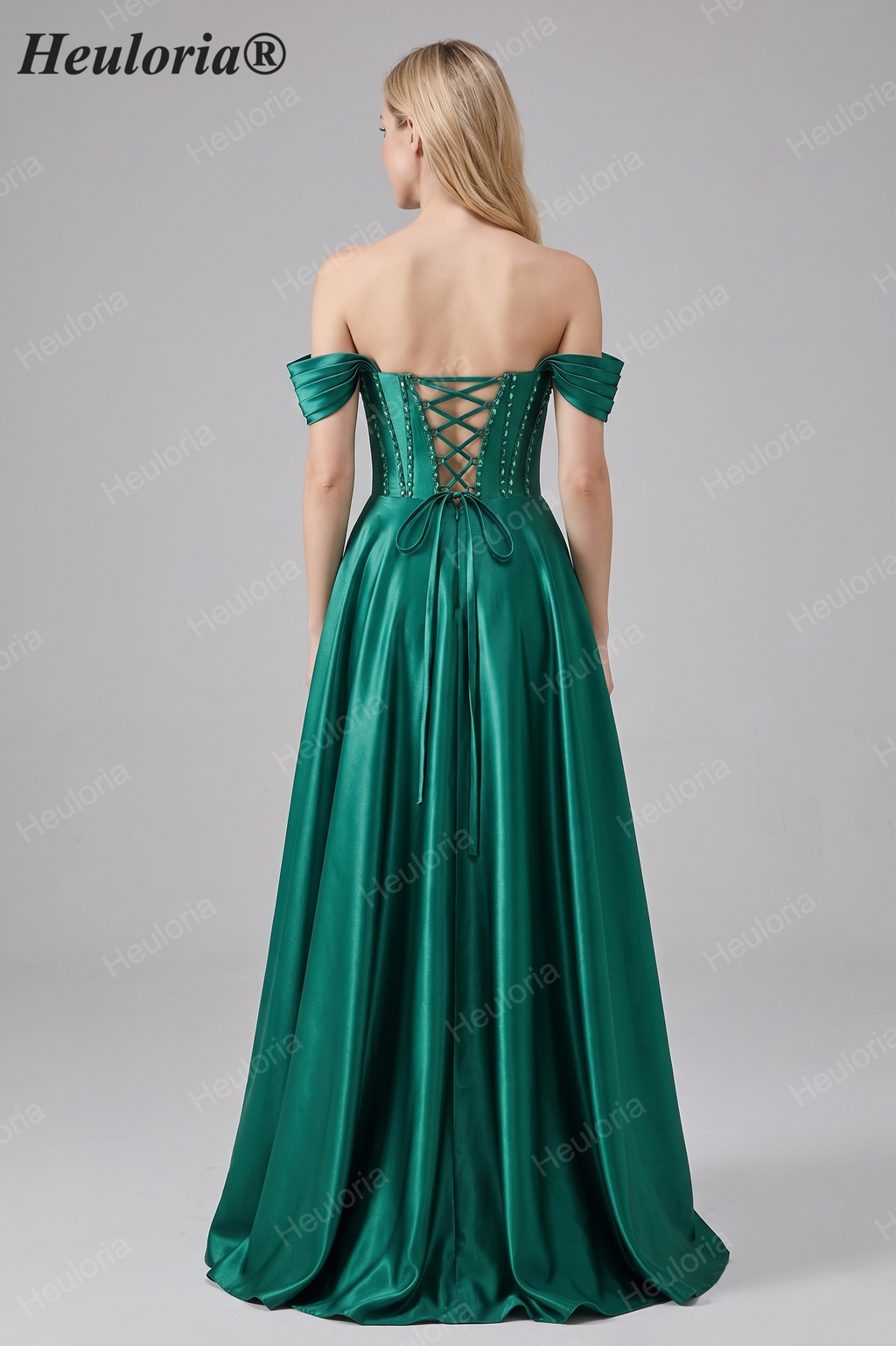 HEULORIA Off-the-Shoulder Sequin Beaded Satin Prom Dress with Slit & Corset Back ED-586