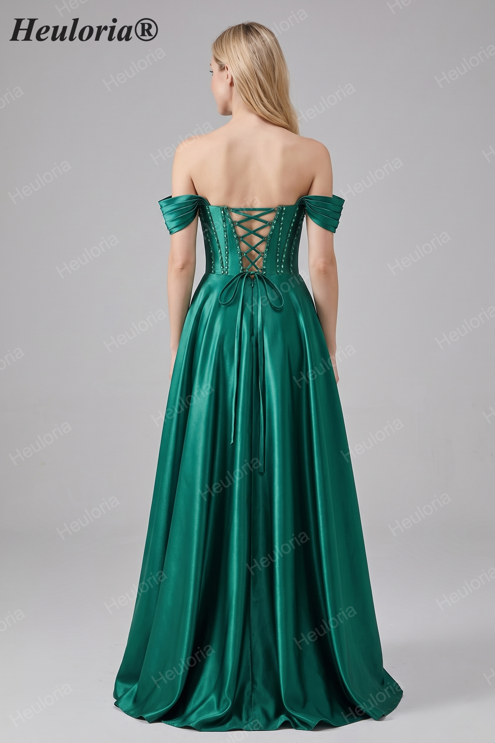 HEULORIA Off-the-Shoulder Sequin Beaded Satin Prom Dress with Slit & Corset Back ED-586