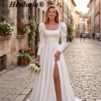 HEULORIA Elegant Square Neck Long Puff Sleeve High Slit Minimalist Wedding Dress AL-206