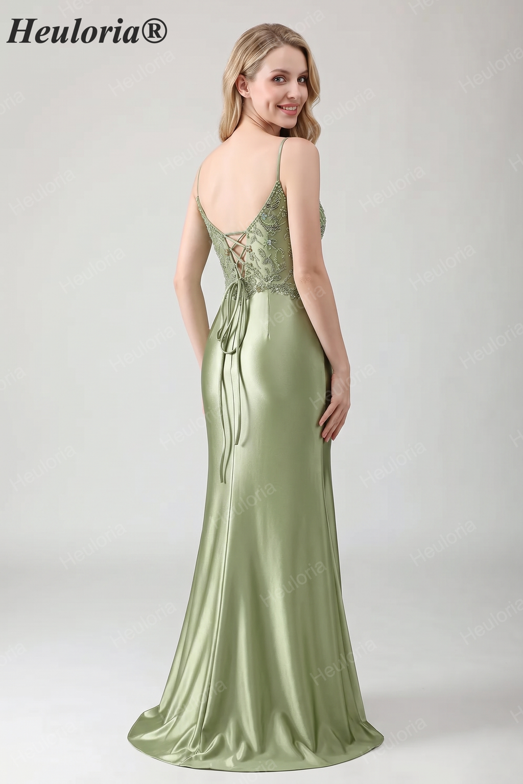 HEULORIA Sage Green Beaded Lace Mermaid Satin Prom Dress with Lace-up Corset Back ED-360