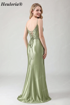 HEULORIA Sage Green Beaded Lace Mermaid Satin Prom Dress with Lace-up Corset Back ED-360