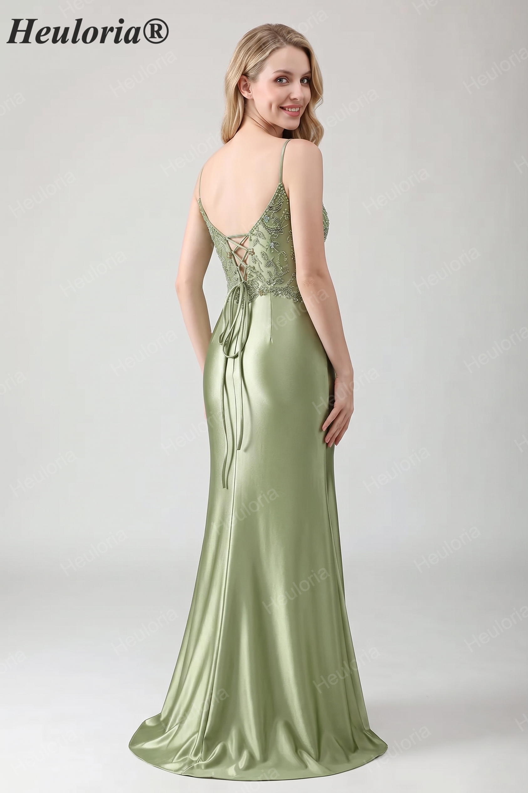 HEULORIA Sage Green Beaded Lace Mermaid Satin Prom Dress with Lace-up Corset Back ED-360