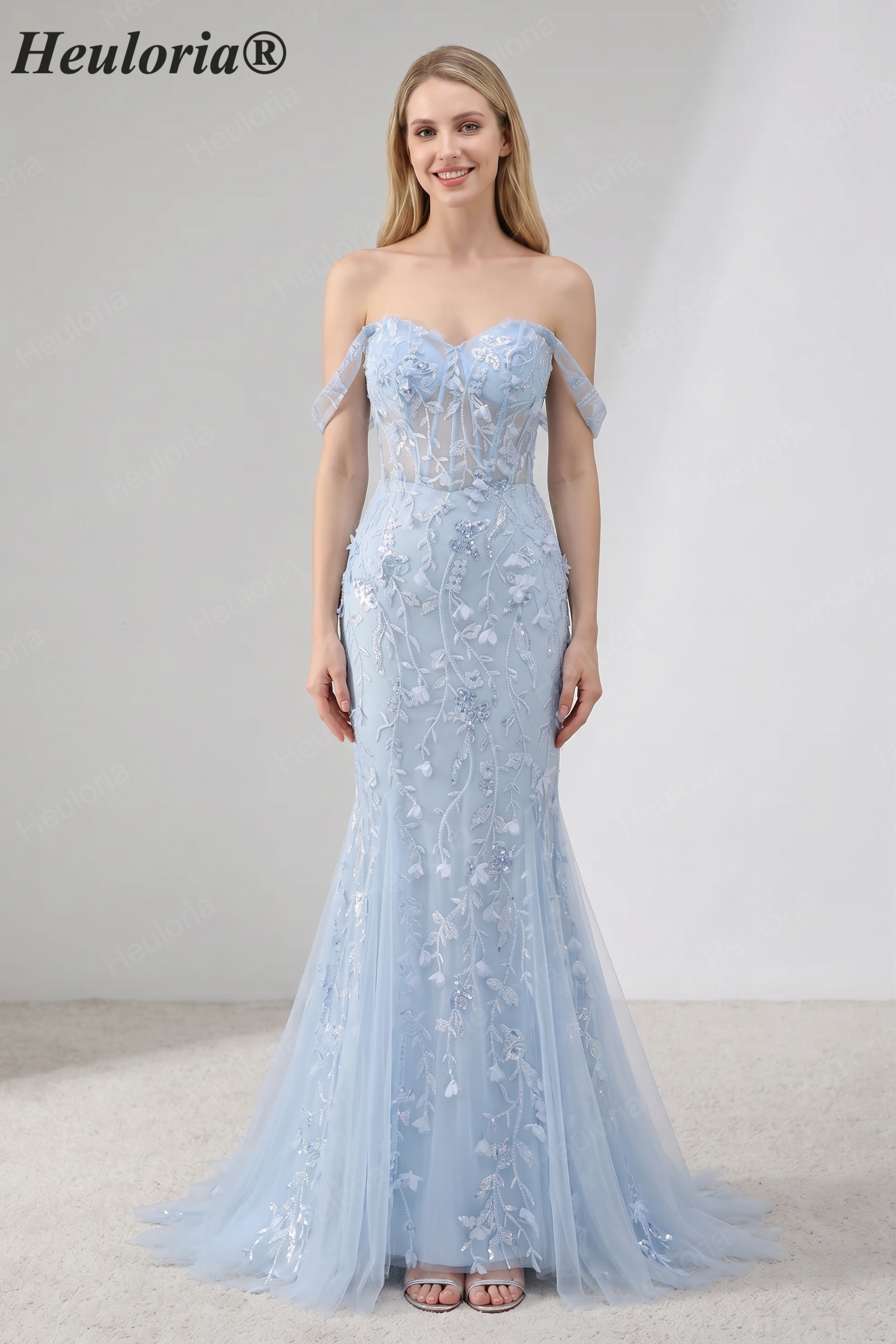 HEULORIA Enchanting Sky Blue 3D Floral Mermaid Prom Dress - Detachable Off-the-Shoulder Corset Evening Gown ED-350 Image principale du produit