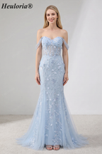 HEULORIA Enchanting Sky Blue 3D Floral Mermaid Prom Dress - Detachable Off-the-Shoulder Corset Evening Gown ED-350