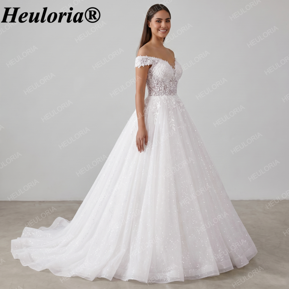 Off-the-Shoulder Lace & Glitter Tulle Ball Gown Wedding Dress BA-141