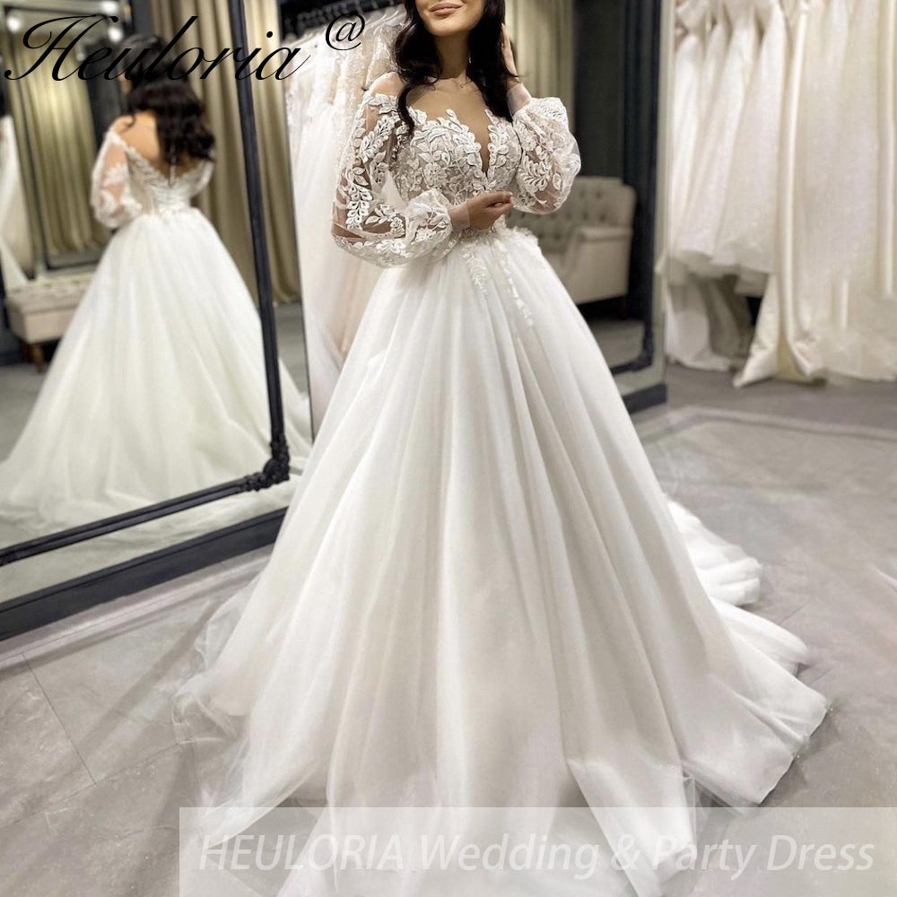 HEULORIA elegant A line wedding dress off shoulder Sparkly Glitter lace bridal dress long sleeve Robe De Mariee Wedding Bride Dress long train AL-547A