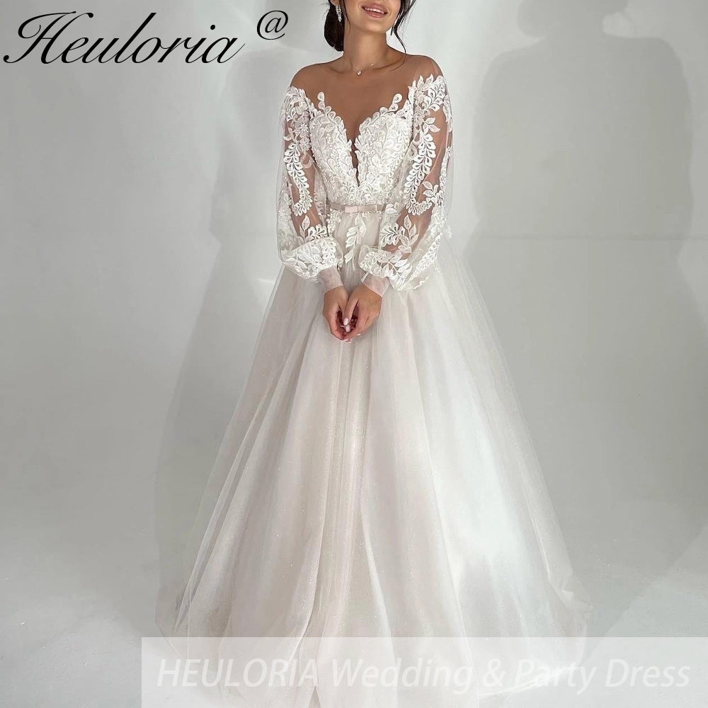 HEULORIA elegant A line wedding dress off shoulder Sparkly Glitter lace bridal dress long sleeve Robe De Mariee Wedding Bride Dress long train AL-547B