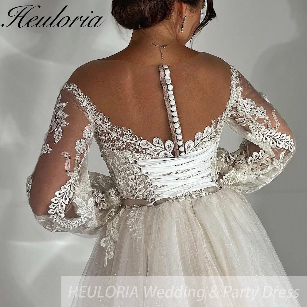 HEULORIA elegant A line wedding dress off shoulder Sparkly Glitter lace bridal dress long sleeve Robe De Mariee Wedding Bride Dress long train AL-547B