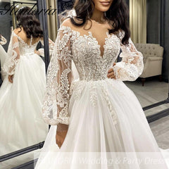 HEULORIA elegant A line wedding dress off shoulder Sparkly Glitter lace bridal dress long sleeve Robe De Mariee Wedding Bride Dress long train AL-547A