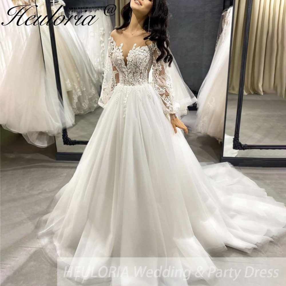 HEULORIA elegant A line wedding dress off shoulder Sparkly Glitter lace bridal dress long sleeve Robe De Mariee Wedding Bride Dress long train AL-547A