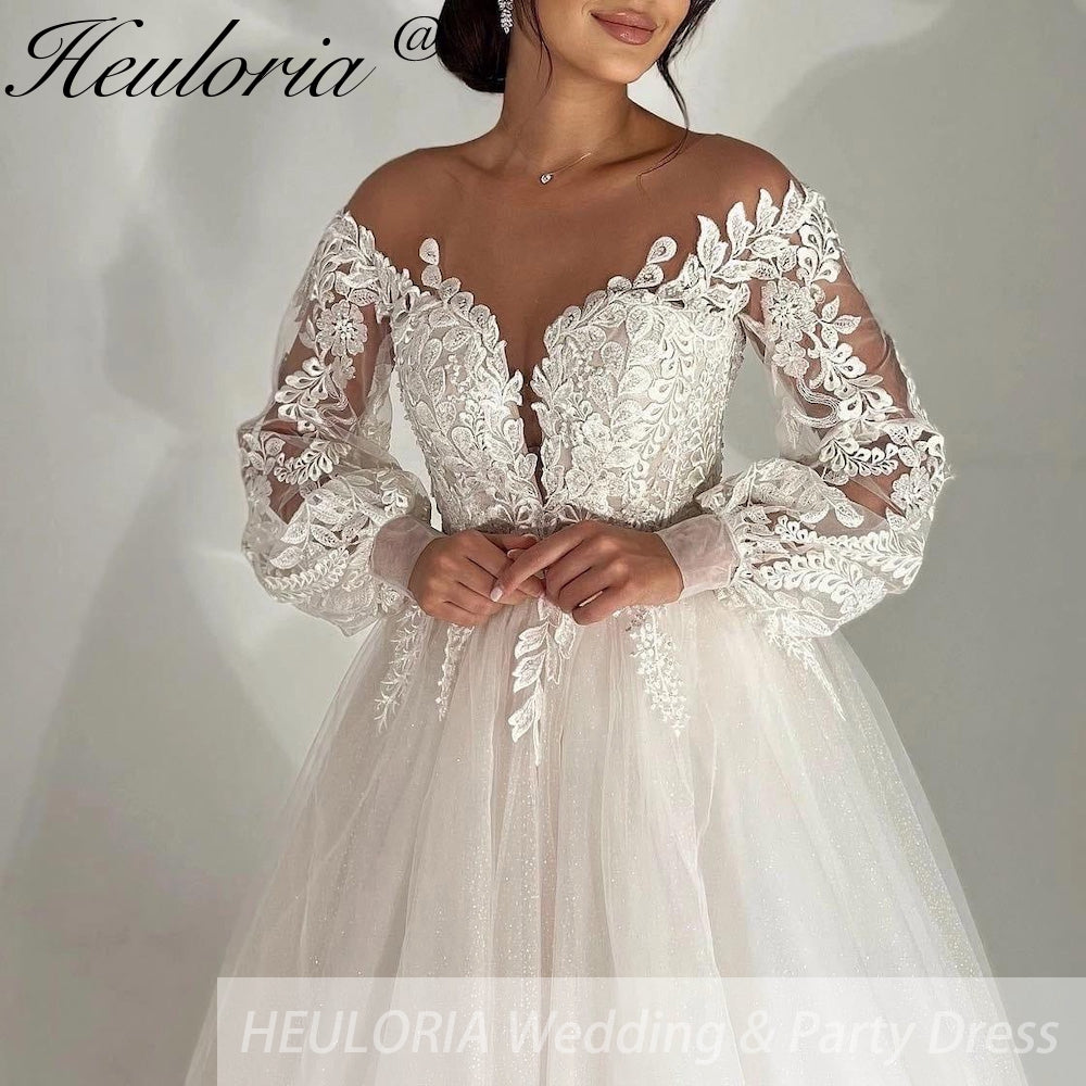 HEULORIA elegant A line wedding dress off shoulder Sparkly Glitter lace bridal dress long sleeve Robe De Mariee Wedding Bride Dress long train AL-547B