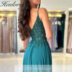 Green Chiffon Evening Dress Women Elegant Applique Suspenders Deep V-neck Backless Bridal Formal Long Ball Gowns Pageant Dress