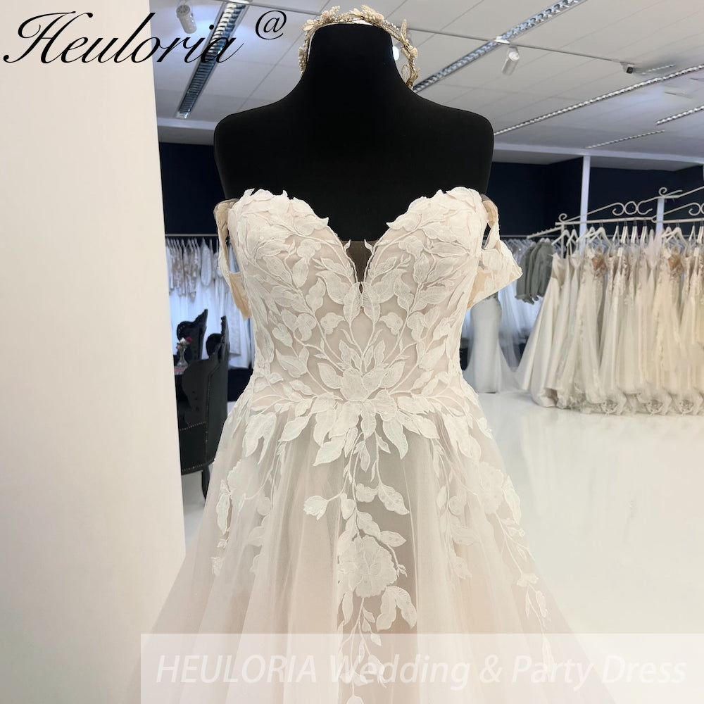 HEULORIA Illusion Off The Shoulder A-Line Wedding Dresses Appliques Lace Country Bridal Gowns Robe De Mariée Customized AL-917