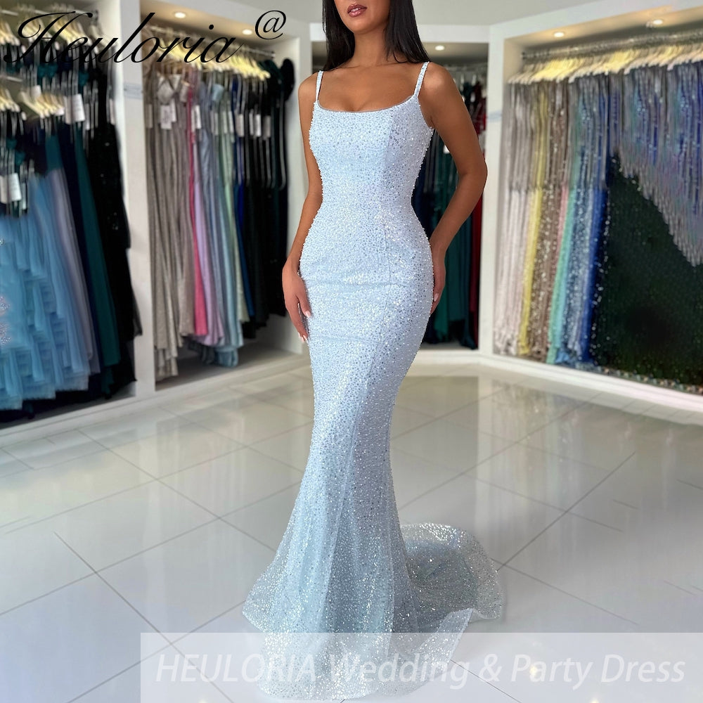 Customized Blue Spaghetti Strap Beaded Prom Dresses Mermaid evening dress vestidos de noiva Floor-Length Evening Dress 2025