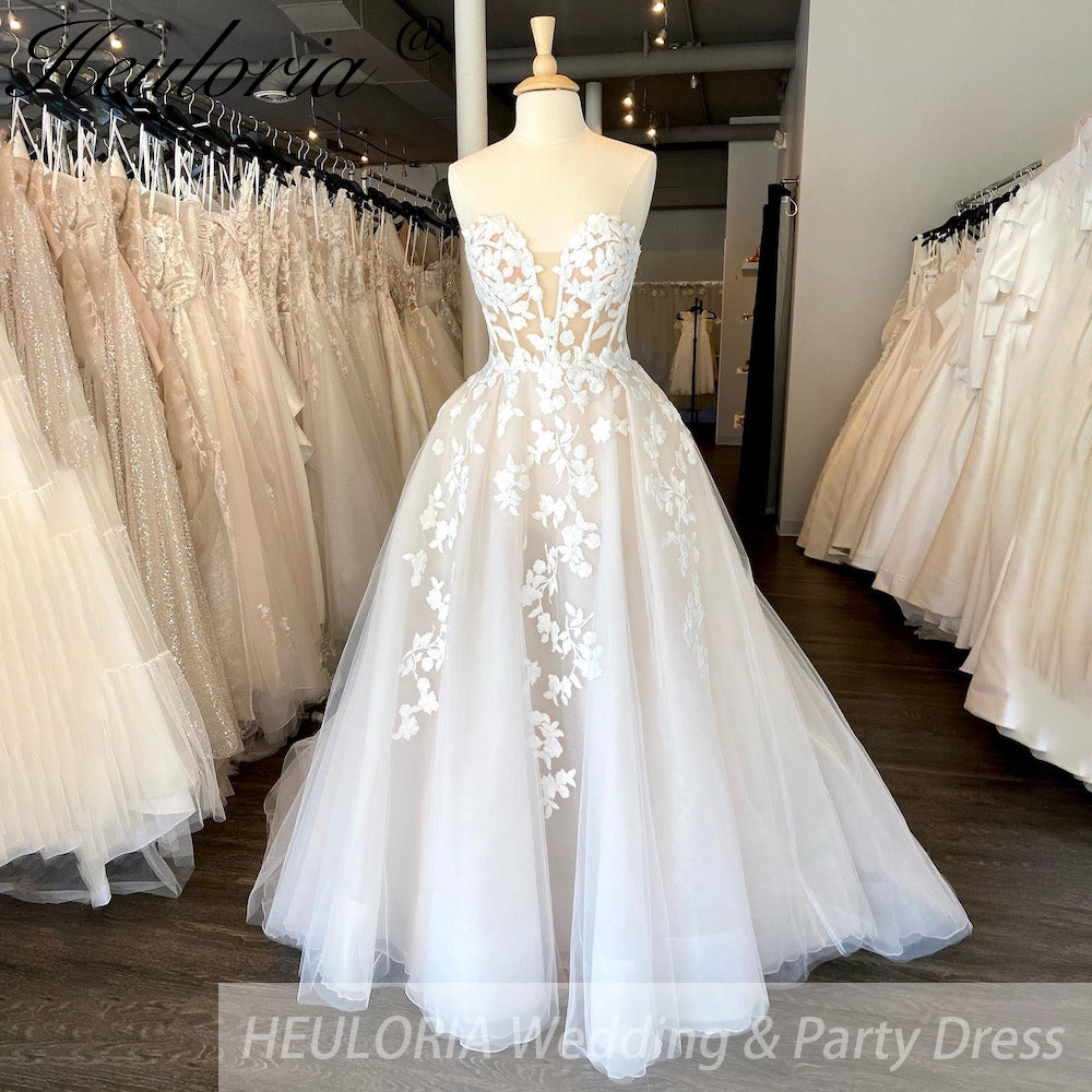 Elegant Boho A line Wedding Dress strapless lace applique bride dress robe de mariee A line Wedding Bridal Gown AL-679