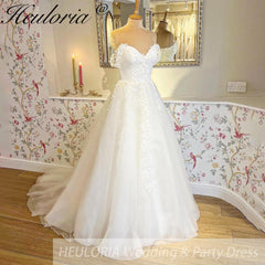 HEULORIA Illusion Off The Shoulder A-Line Wedding Dresses Appliques Lace Country Bridal Gowns Robe De Mariée Customized AL-QK1