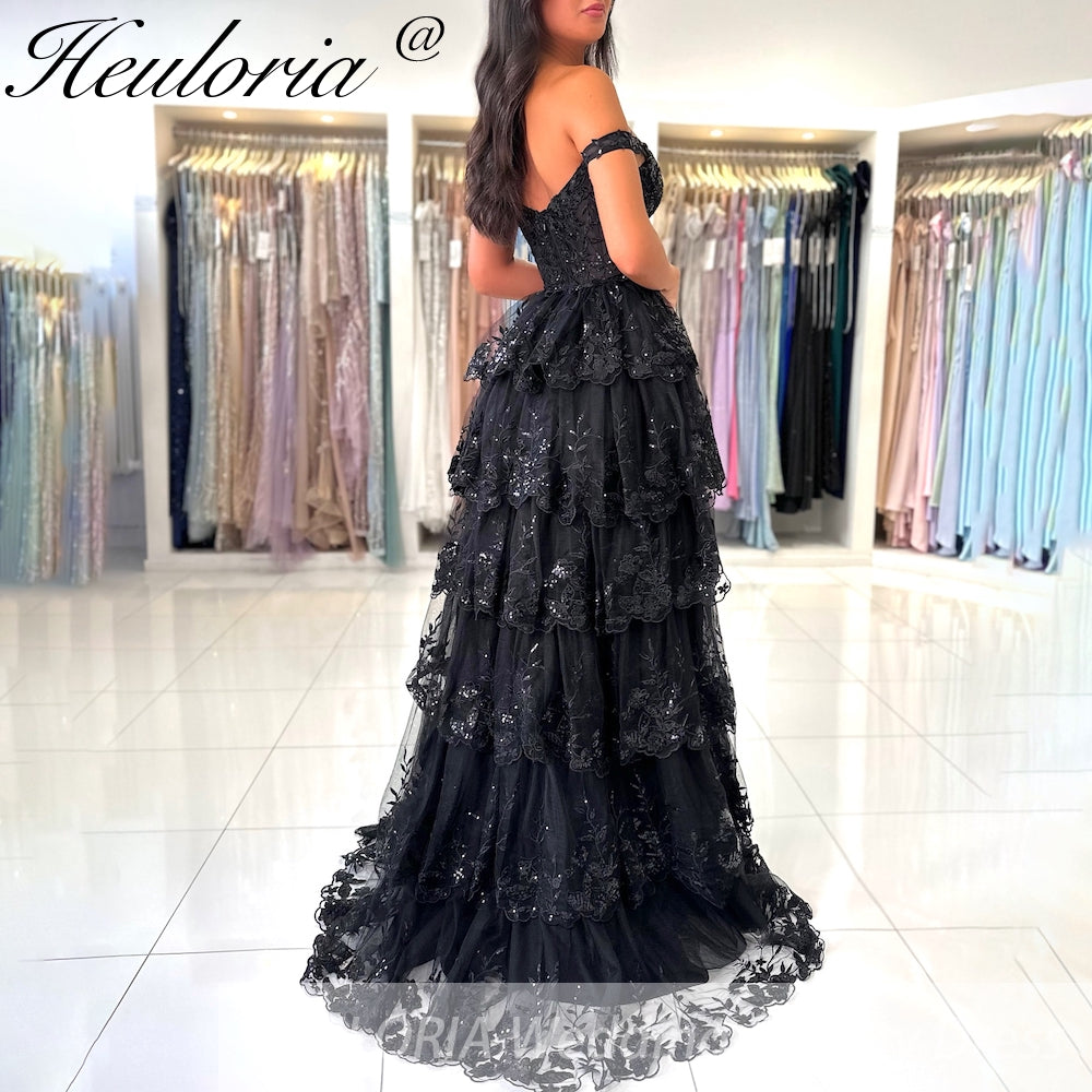 Sparkly A line Prom Formal Dresses Sequins Appliques Ruffle Black Off the shoulder Ruffles High split Prom Dresses Customsized