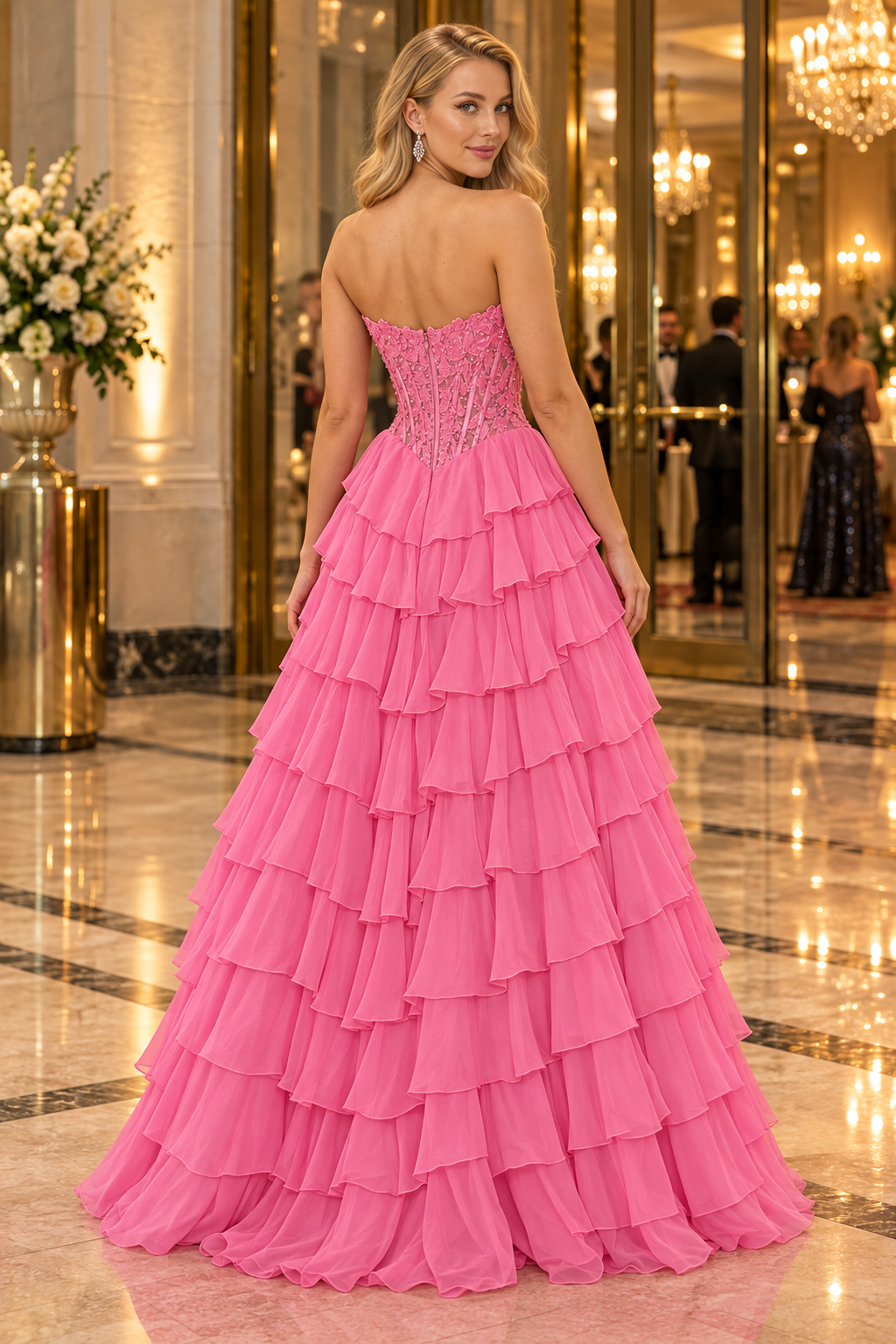 HEULORIA Strapless Lace Corset Prom Dress with Tiered Ruffles and Slit ED-89