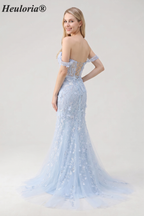 HEULORIA Enchanting Sky Blue 3D Floral Mermaid Prom Dress - Detachable Off-the-Shoulder Corset Evening Gown ED-350