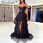 Sparkly A line Prom Formal Dresses Sequins Appliques Ruffle Black Off the shoulder Ruffles High split Prom Dresses Customsized