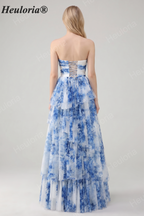 Heuloria Enchanted Garden Watercolor Floral Strapless Tiered Tulle Ball Gown with Velvet Bows ED-657