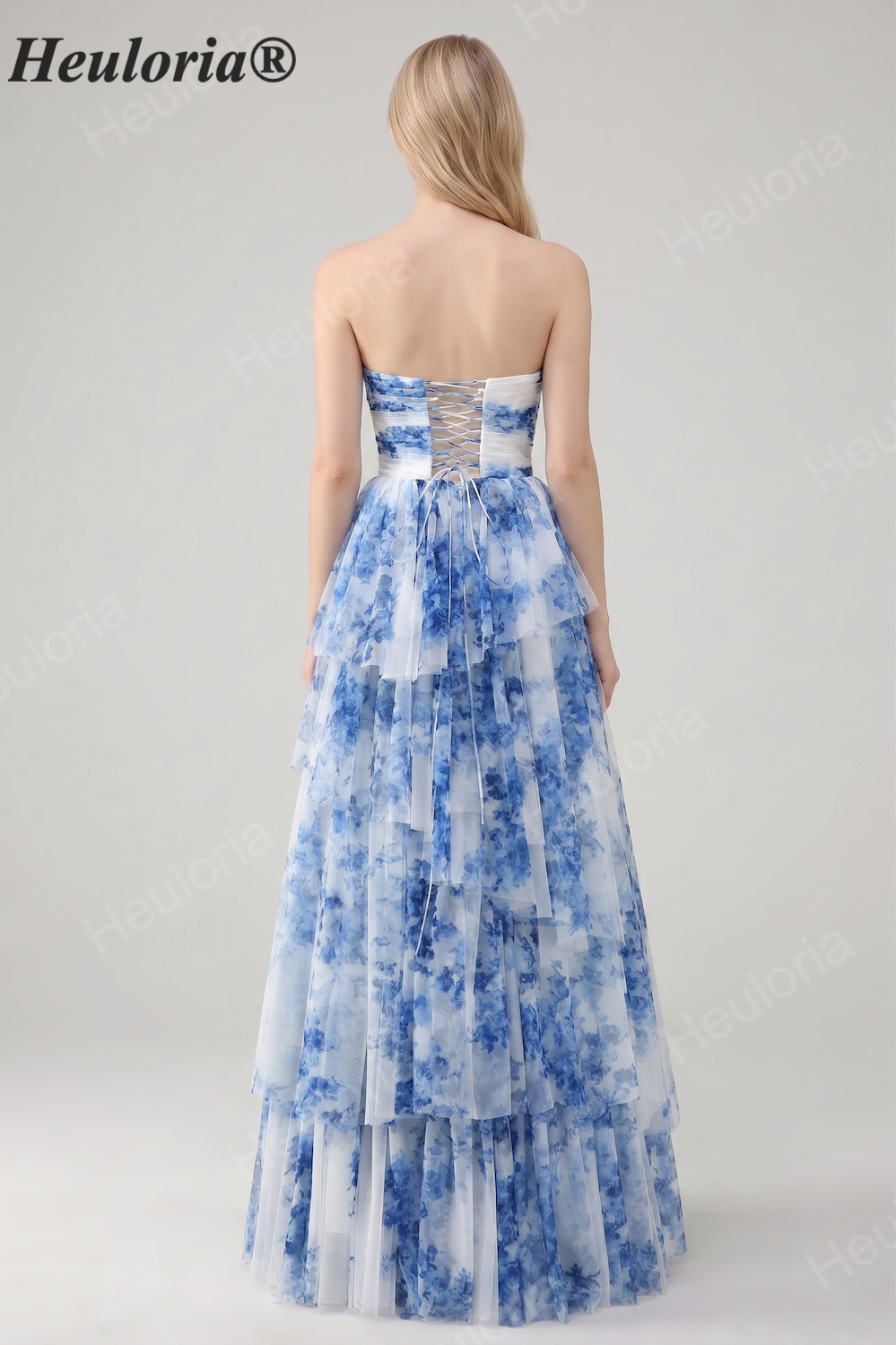 Heuloria Enchanted Garden Watercolor Floral Strapless Tiered Tulle Ball Gown with Velvet Bows ED-657