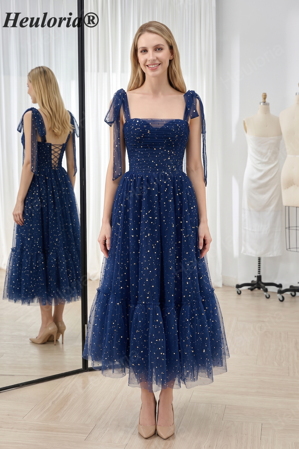 HEULORIA Celestial Starry Tulle Tea-Length Prom Dress - Tie-Shoulder A-Line Formal Gown ED-445 Imagen principal del producto