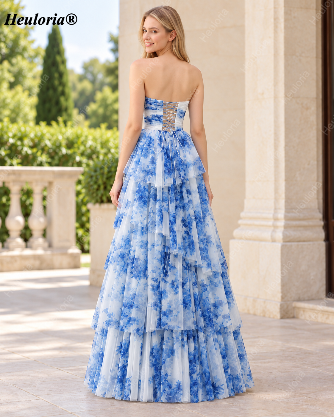 Heuloria Blue Watercolor Floral Tiered Chiffon A-Line Prom Dress with Corset Back ED-657 Secondary image