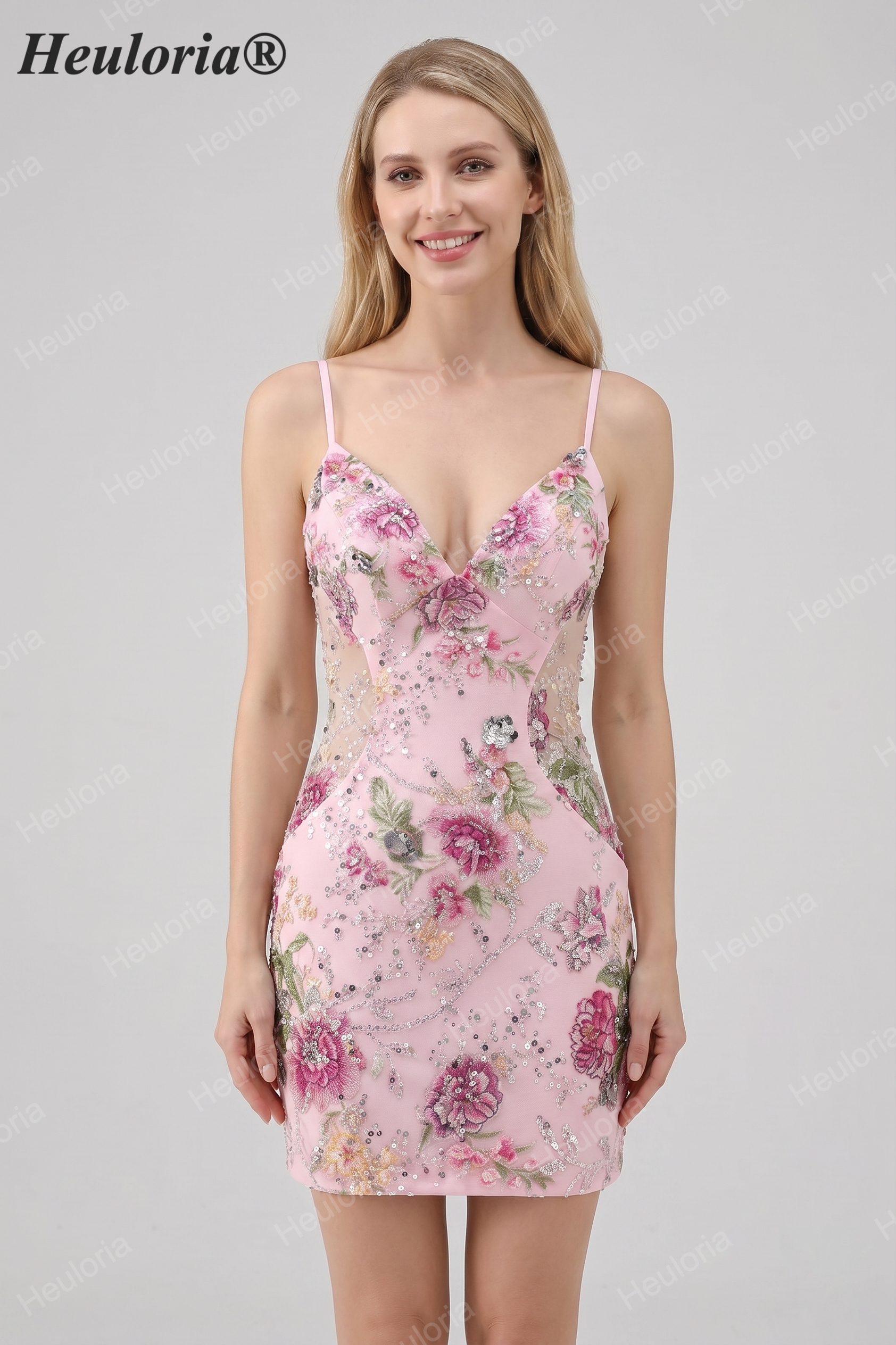 HEULORIA Floral Embroidered Sequin Bodycon Mini Dress with Sheer Mesh Cut-outs and Lace-Up Back ED-597 Imagen principal del producto