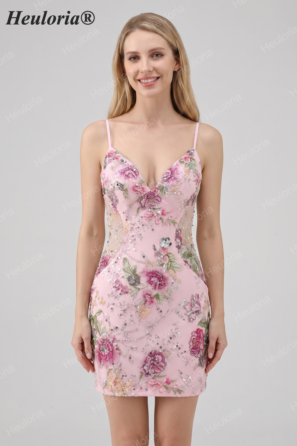 HEULORIA Floral Embroidered Sequin Bodycon Mini Dress with Sheer Mesh Cut-outs and Lace-Up Back ED-597
