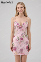 HEULORIA Floral Embroidered Sequin Bodycon Mini Dress with Sheer Mesh Cut-outs and Lace-Up Back ED-597