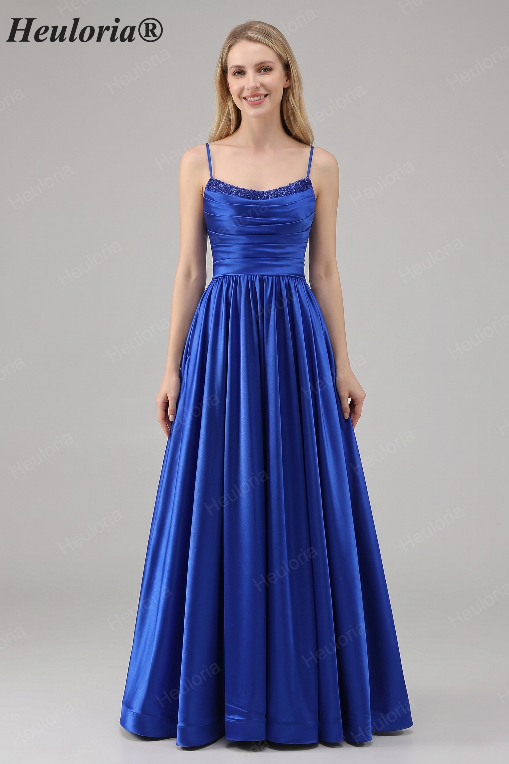 HEULORIA Royal Blue Satin A-Line Evening Dress with Beaded Neckline and Lace-up Back ED-523