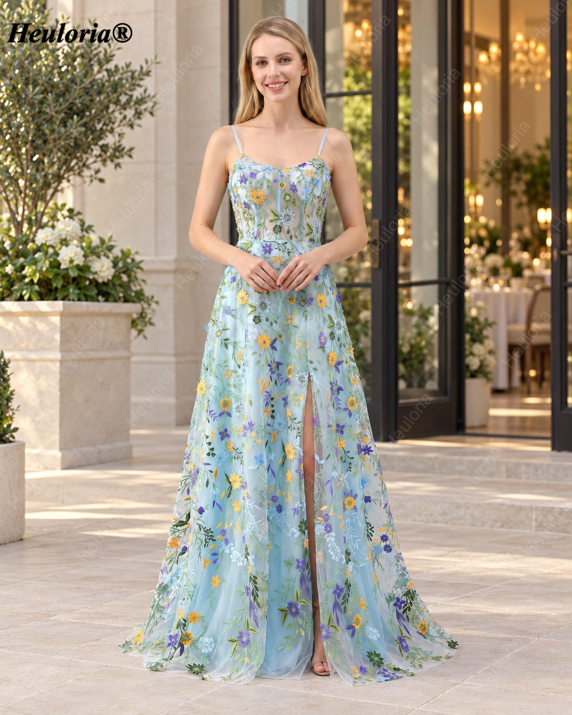 HEULORIA Light Blue Floral Embroidered Tulle A-Line Prom Dress with Spaghetti Straps, High Slit and Lace-Up Back ED-591 Imagen principal del producto