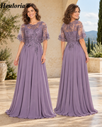 heuloria-Lace Applique Chiffon A-Line Mother of the Bride Dress with Cape-ed-378