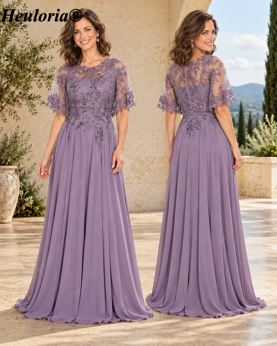 heuloria-Lace Applique Chiffon A-Line Mother of the Bride Dress with Cape-ed-378