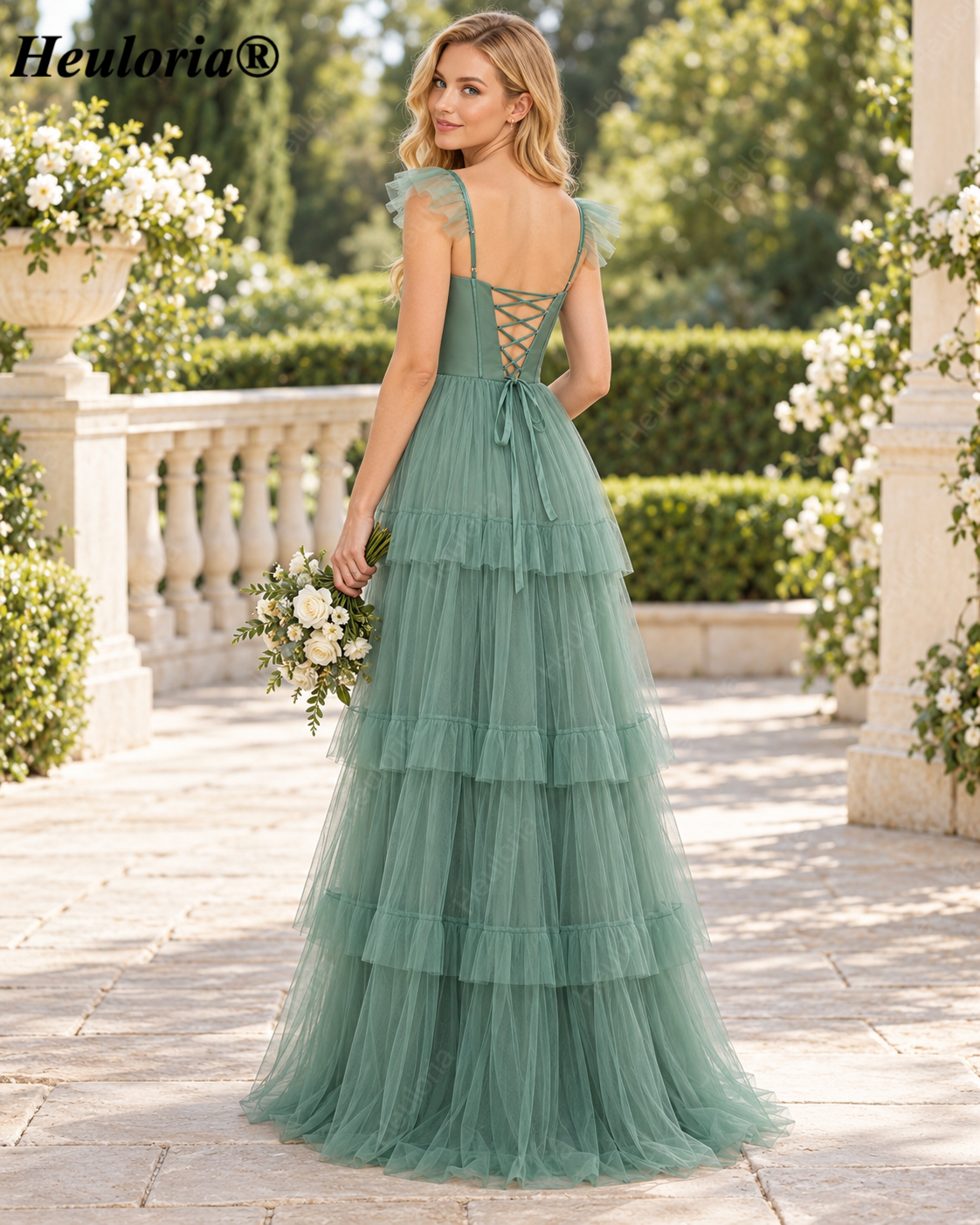 HEULORIA Dusty Sage Square Neck Tiered Tulle A-Line Prom Dress with Ruffle Straps and Corset Back ED-226 Image secondaire du produit