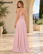 HEULORIA Blush Pink Cowl Neck Chiffon Bridesmaid Dress with Slit | ED-116