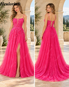 HEULORIA Fuchsia Lace A-Line Prom Dress with Illusion Corset Bodice and Lace-Up Back ED-374