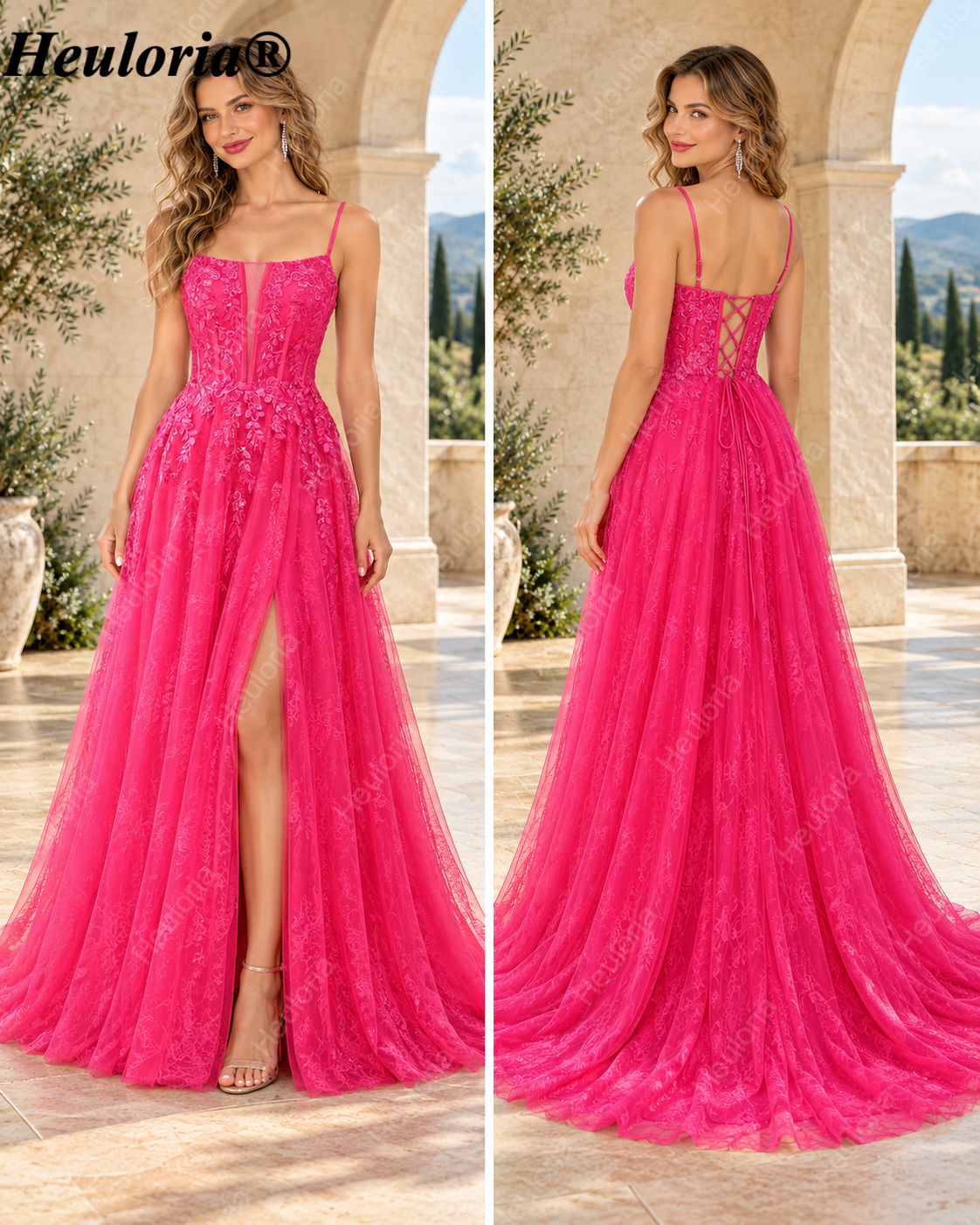 HEULORIA Fuchsia Lace A-Line Prom Dress with Illusion Corset Bodice and Lace-Up Back ED-374