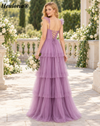 HEULORIA Dusty Sage Square Neck Tiered Tulle A-Line Prom Dress with Ruffle Straps and Corset Back ED-226