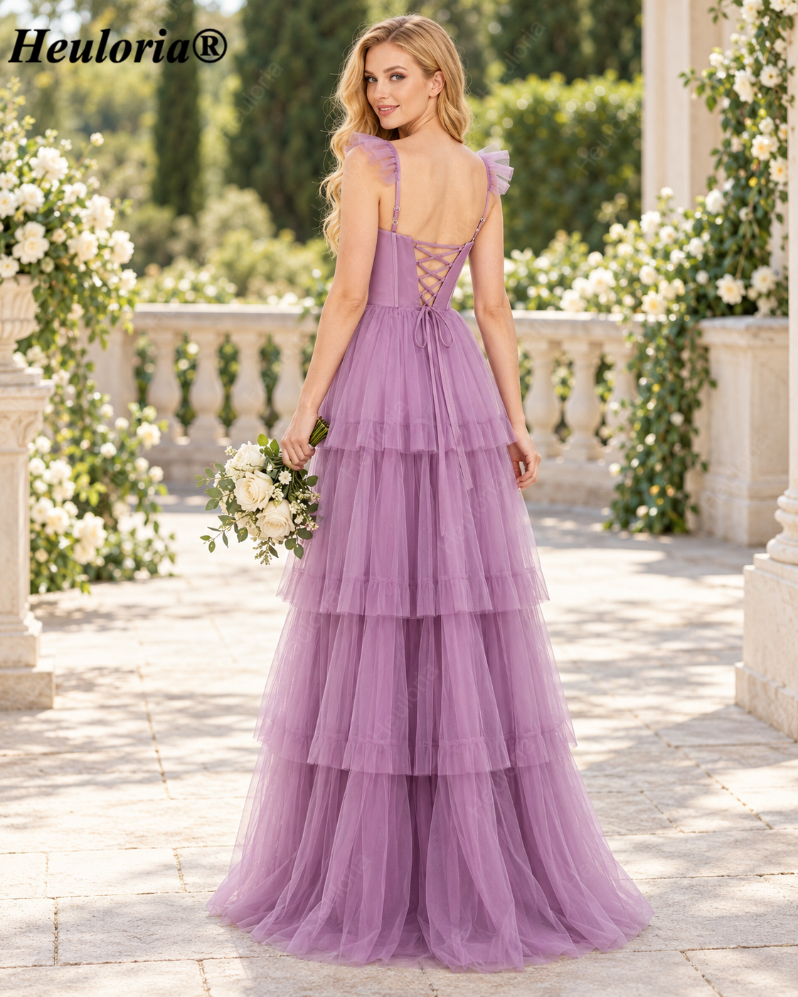 HEULORIA Dusty Sage Square Neck Tiered Tulle A-Line Prom Dress with Ruffle Straps and Corset Back ED-226