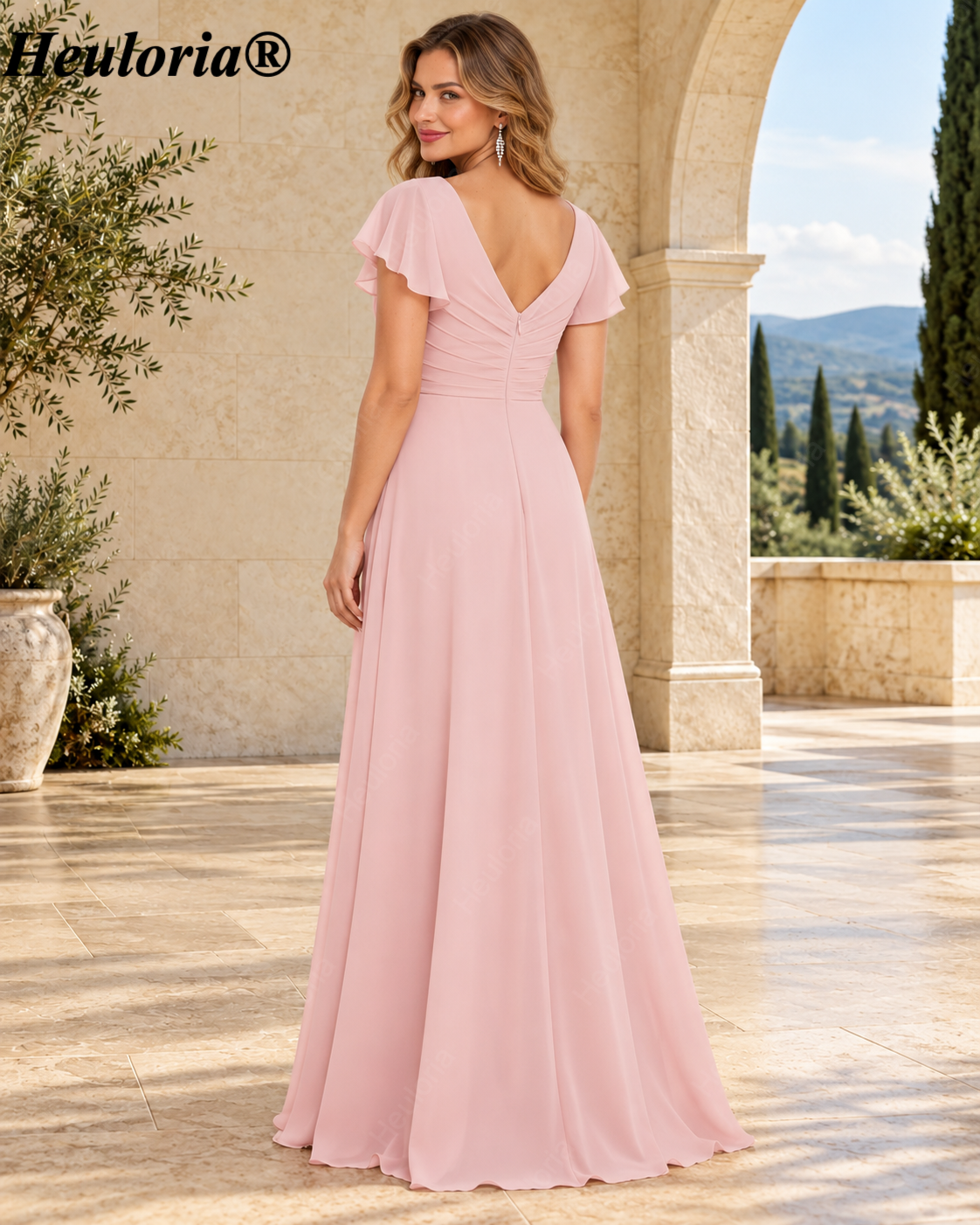 HEULORIA Dusty Rose V-Neck Flutter Sleeve Chiffon A-Line Bridesmaid Dress with Draped Skirt – ED-135 Imagen secundaria del producto