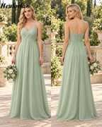 HEULORIA Dusty Sage V-Neck Chiffon A-Line Bridesmaid Dress with Ruched Empire Bodice – ED-254