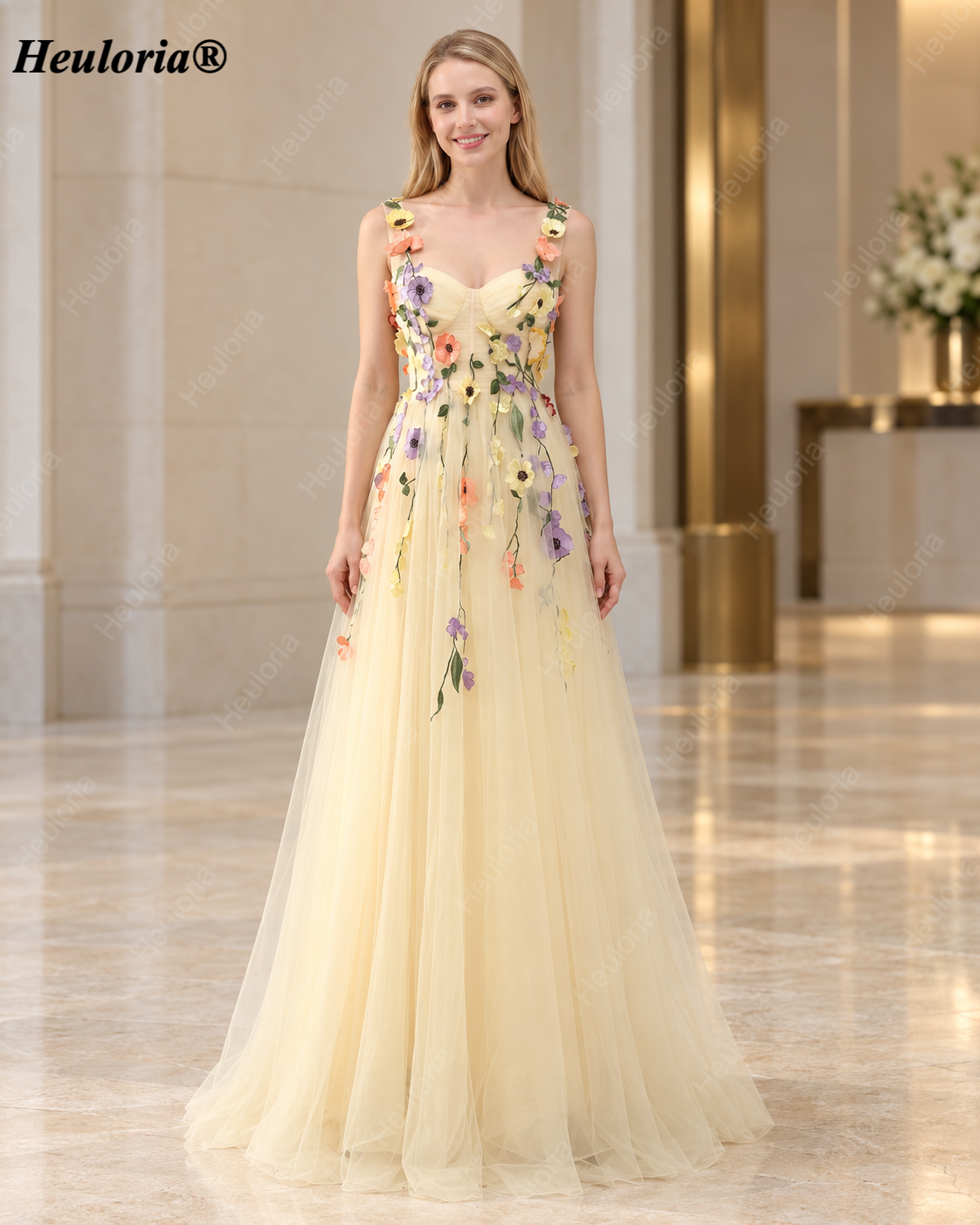 HEULORIA Ivory 3D Floral Applique Tulle A-Line Prom Dress with Sweetheart Neckline ED-585