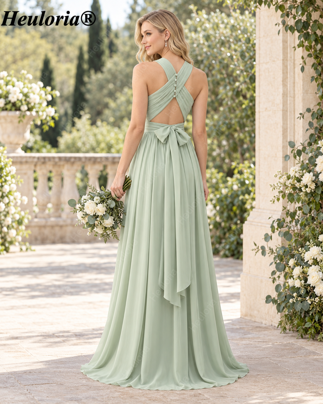 HEULORIA Dusty Sage Chiffon Halter A-Line Bridesmaid Dress with Keyhole, Slit & Bow Back – ED-256