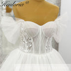 HEULORIA Ethereal Leaf Embroidery Wedding Dress: Sweetheart Corset Bodice with Detachable Puff Sleeves AL-1035