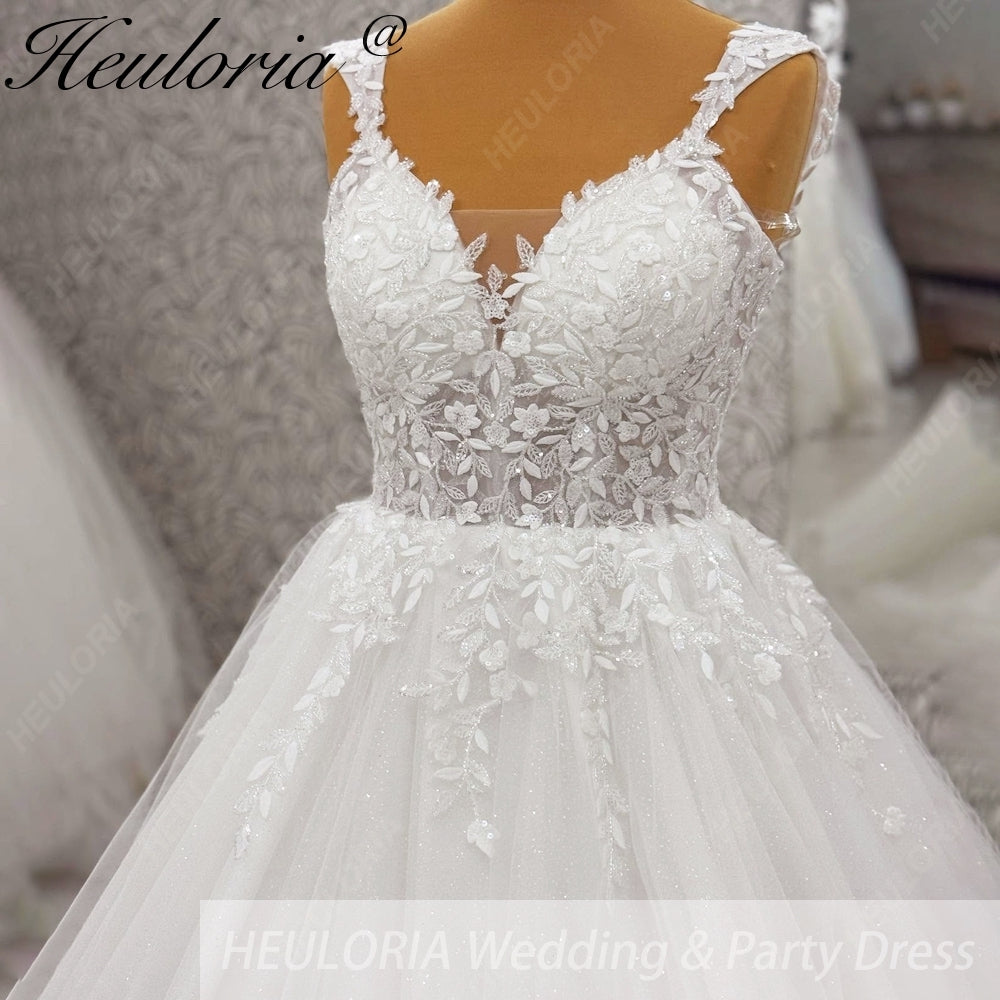 HEULORIA Enchanting Leaf Lace A-Line Wedding Dress - Shimmering Tulle & Plunging Illusion V-Neck AL-1010
